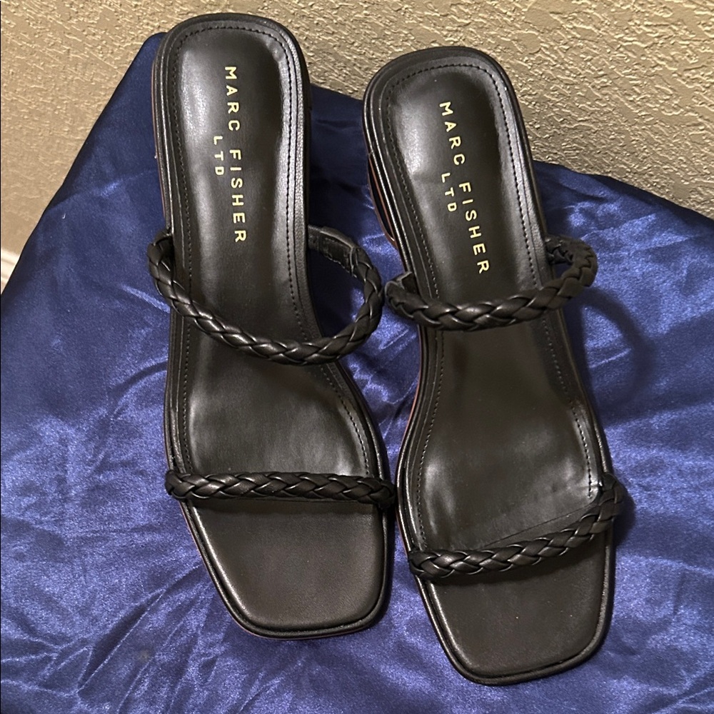 Marc Fisher Black Braided-Strap Square-Toe Slide Sandals